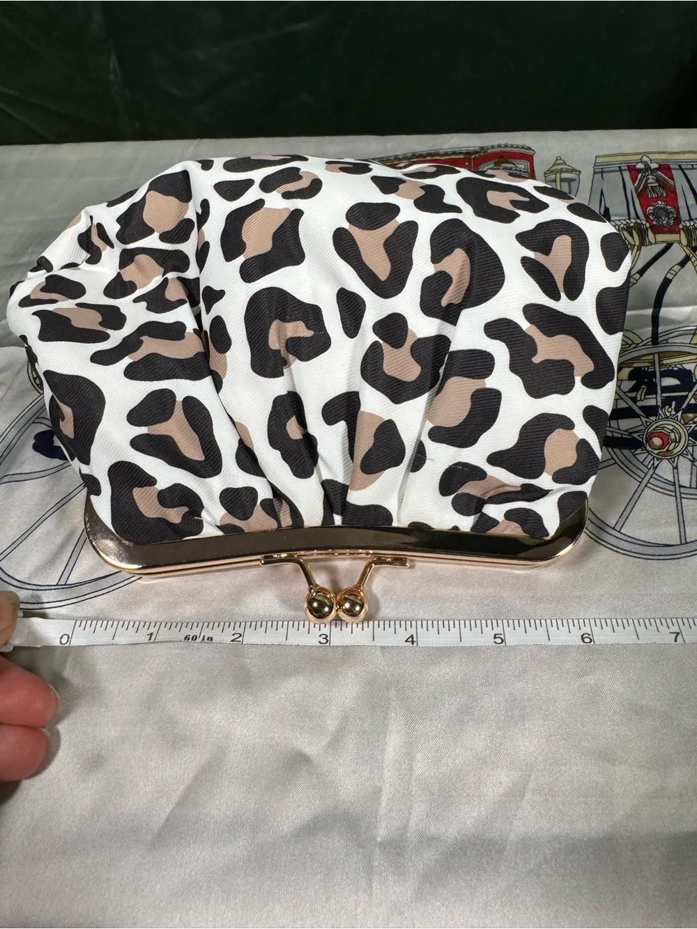 Leopard Print Pleated Clasp Clutch in White, Beige & Black